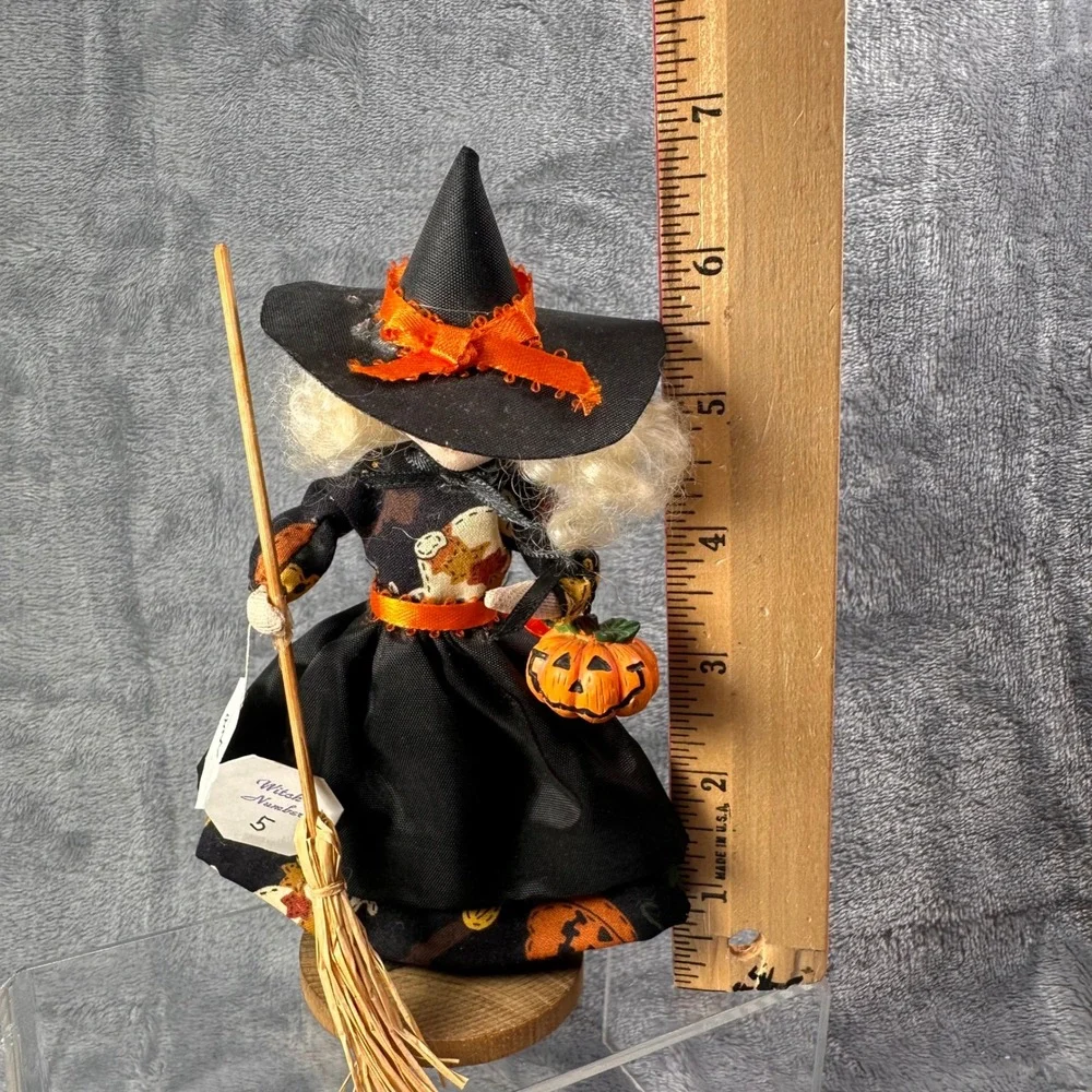 Handmade‎ Halloween Witch Doll on Wood Base Broom Pumpkin Signed Annette